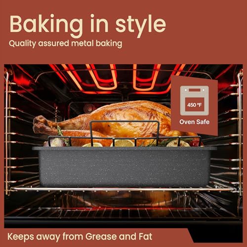 BAKKEN Nonstick Turkey Roasting Pan with Rack – Large Heavy-Duty Carbon Steel Roaster with Wide Handles, Ideal for Roasting, Baking & Grilling, Oven Safe up to 450°F, Gray Marble Finish 17 x 13-Inch