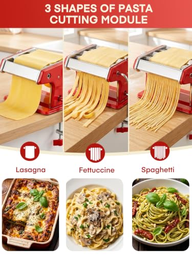 FOHERE Manual Pasta Maker, 7 Adjustable Thickness, 3-in-1
