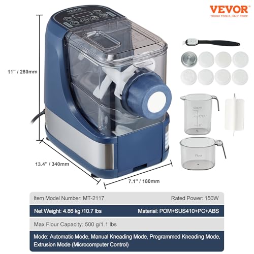 VEVOR Electric Pasta Maker, 150W Automatic Noodle Maker Machine with 8 Pasta Shapes, 4 Intelligent Modes, 500g Flour Capacity Pasta Maker Machine with Measuring Cups, Cleaning Brush for Home Kitchen