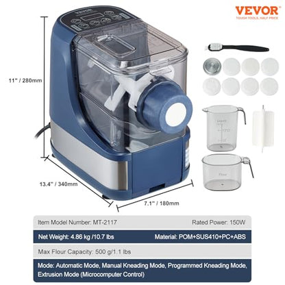 VEVOR Electric Pasta Maker, 150W Automatic Noodle Maker Machine with 8 Pasta Shapes, 4 Intelligent Modes, 500g Flour Capacity Pasta Maker Machine with Measuring Cups, Cleaning Brush for Home Kitchen