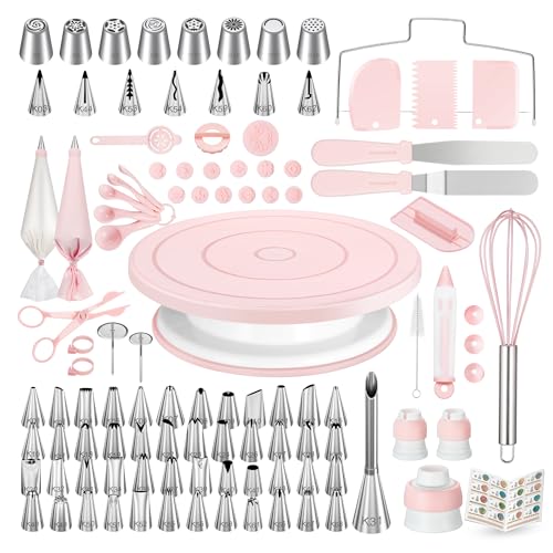 Kootek 158PCs Cake Decorating Kit, Baking Supplies Tools - Includes Cake Stand Turntable, 64 Icing Piping Tips Set, 2 Frosting Spatulas, 3 Scrapers, 50+2 Pastry Bags, Coupler, Video Tutorial, Booklet