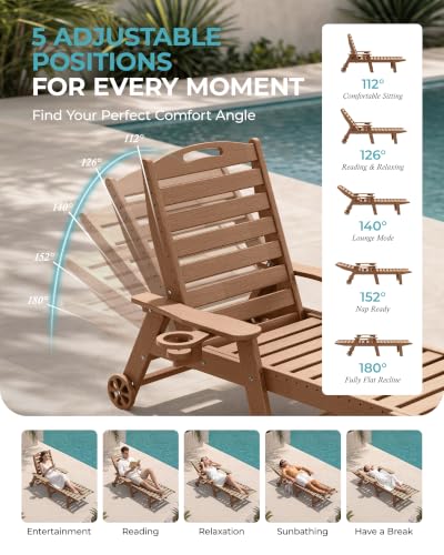 Ciokea Outdoor Chaise Lounge Chair Set of 2, Patio Lounge Chairs for Outside, HDPE Lounge Chair with Wheels & Cup Holder, Poly Chair with 5 Position for Poolside, Deck, Brown