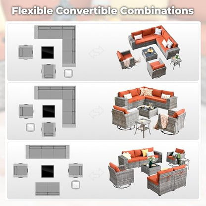 ovios 9 Pieces Patio Furniture Set, Outdoor Wicker Sectional Sofa Couch with 2 Swivel Chairs Coffee Table, Modern Modular Deep Seat Rattan Conversation Sets, Orange Red
