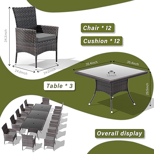 RTDTD 15 Pieces Outdoor Patio Dining Set,Patio Table and Chairs Rattan Outdoor Patio Furniture Set with Umbrella Hole,Dining Table Set for 12 with Chairs for Backyard,Garden and Kitchen,Grey