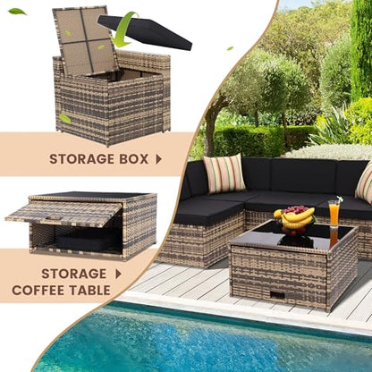 KROFEM 8-Piece Patio Furniture Set, Outdoor Wicker Rattan Sectional with Thick Cushions, Glass Top Table with Hidden Storage, Outdoor Conversation Set for Backyard, Porch, Patio, Black