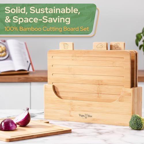 Bamboo Cutting Board Set of 4 - Wood Cutting Board Set with Holder - Bamboo Cutting Boards for Kitchen with Labeled Food Icon - Chopping Board Set With Stand - Includes Bread Board and Juice Groove