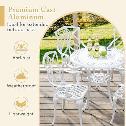 Tangkula 5 Pieces Cast Aluminum Outdoor Dining Set, Round Dining Table with 2” Umbrella Hole & 4 Armchairs, All-Weather Outdoor Furniture Set for Patio, Balcony, Garden & Backyard, White
