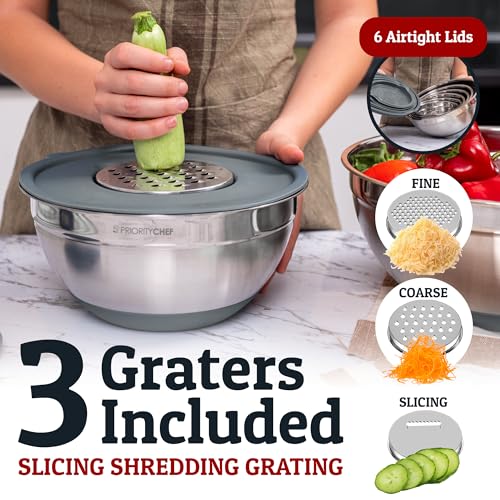 Priority Chef 6Pc Large Mixing Bowls With Lids Set with Non-Slip Bases, Stainless Steel Mixing Bowl Set, 6 Airtight Lids and 3 Graters, Grey