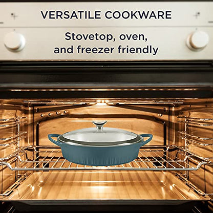 CorningWare QuickHeat 4-QT Cast Aluminum Braiser With Lid, Nonstick Ceramic Interior, Lightweight and Fast Even Heat Baking & Cooking, For Meats, Soup, Browning, Searing, French Navy