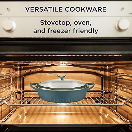 CorningWare QuickHeat 4-QT Cast Aluminum Braiser With Lid, Nonstick Ceramic Interior, Lightweight and Fast Even Heat Baking & Cooking, For Meats, Soup, Browning, Searing, French Navy
