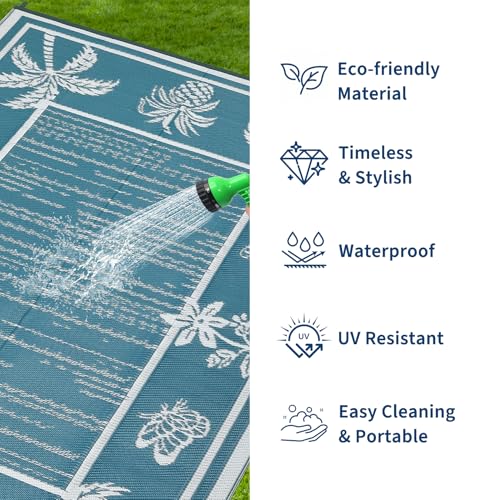 Garvee Outdoor Rug 5x8 Waterproof for Patios, Reversible Plastic Straw Rug, Tropical Leaf Indoor Outdoor Rugs, Large Area Rug for RV, Camping, Deck, Picnic Mat, Outside Carpet, Blue & White