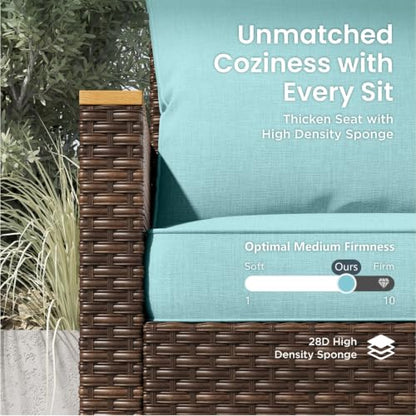 PHI VILLA 12 Pieces Wicker Patio Furniture Sofa Set, Half Moon, Aqua Blue