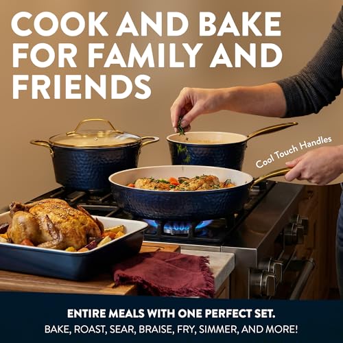 Gotham Steel Hammered 20Pcs Ceramic Cookware Set, Induction Pots and Pans Set Non Stick with Deep Fry Pan, Steamer, & Bakeware, Non Toxic PFOA PFOS Free, Oven & Dishwasher Safe