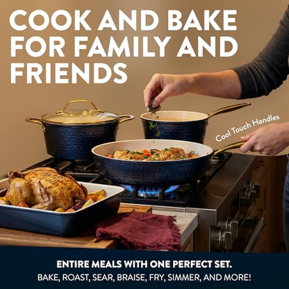 Gotham Steel Hammered 20Pcs Ceramic Cookware Set, Induction Pots and Pans Set Non Stick with Deep Fry Pan, Steamer, & Bakeware, Non Toxic PFOA PFOS Free, Oven & Dishwasher Safe