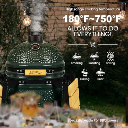 London Sunshine 15-inch Ceramic Kamado Charcoal BBQ Grill & Smoker with Locking Casters, Foldable Side Shelves, Stainless Steel Grates, and Tall Stand (Green)