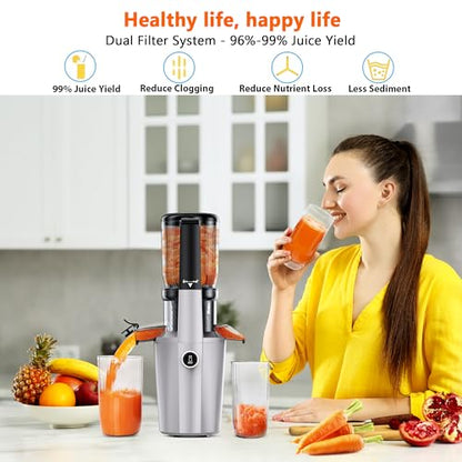 Cold Press Juicer Machine, Slow Masticating Juicer with 96% Yield, Wide Chute for Whole Fruits, Ultra Quiet (<60dB) for Leafy Greens & Celery (Silvery)