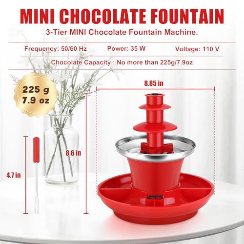 7.9oz Mini Chocolate Fondue Fountain, Mini Chocolate Melting Pot, MIni Warmer Machine with 6PCS Fondue Fork and Removal Fruits/Nuts/Treats Serving Tray for Milk Chocolate, Cheese, Butter, Candy