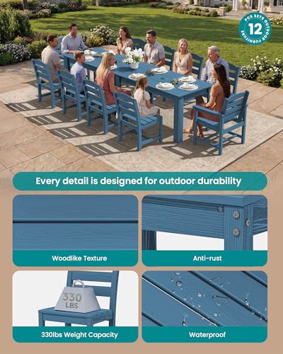 SERWALL 59" HDPE Outdoor Dining Set for 10, w/ 2 Tables & 10 Chairs, Blue