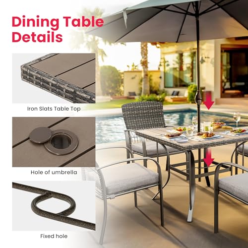 Pamapic 5-Piece Outdoor Furniture Set, Rattan Patio Dining Set with Weather-Resistant Iron Slats Table, 4 Stackable Chairs & Removable Cushions for Backyard, Deck, Garden (Grey)