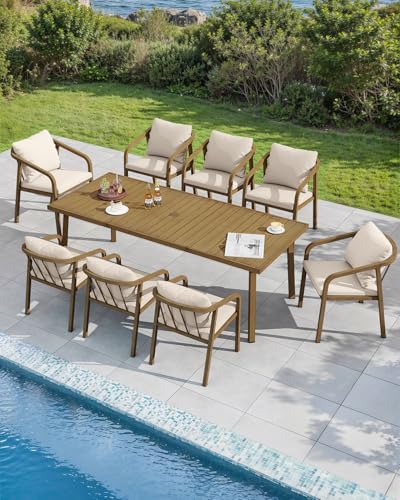 SEEHILL 9 Pieces Never-Rust Aluminium Outdoor Dining Set, Patio Table and Chairs for 8, Patio Dining Set with Rectangle Table, Outdoor Dining Chairs with Removable Cushions for Deck, Backyard, Teak