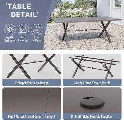ASJMR 7 Piece Outdoor Dining Set for 6, Metal Patio Table and Chairs with Cushions, Patio Furniture Set with 2 Swivel Chairs, Rectangular Patio Dining Table with Umbrella Hole, Lawn Deck, Yard-Sand
