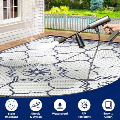 6x9Ft Outdoor Rug, Solar Powered Outdoor Rug with 94LEDs Strip Lights for House Deck, Waterproof Plastic Reversible Outdoor Straw Rugs, Rugs Mat RV Camping Patio Beach Balcony Picnic (Blue White)