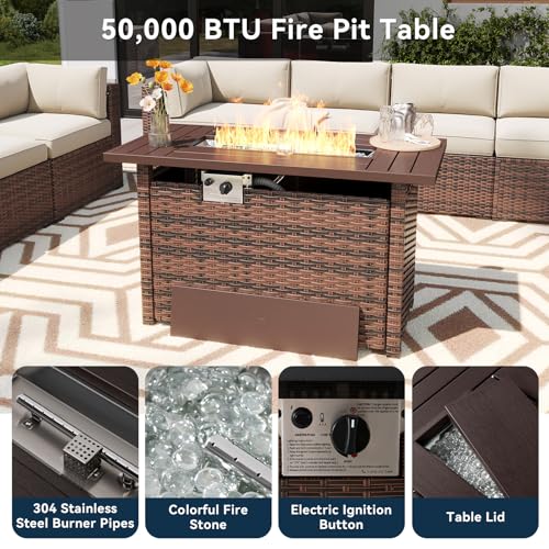 LazySunsets 8 Piece Outdoor Patio Furniture Set with 44'' Fire Pit Table, Outdoor Patio Furniture Set with 4'' Thicken Cushion, Wicker Rattan Outdoor Conversation Set for Backyard & Garden, Beige