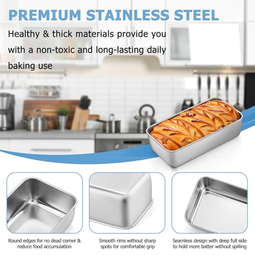 TeamFar Loaf Pan, 9¼" × 5" Bread Loaf Pans Meatloaf Pan Stainless Steel for Baking Bread Cake Lasagna, Healthy & Durable, Oven & Dishwasher Safe - Set of 4