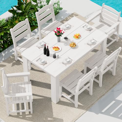 SERWALL 59" Patio Dining Set for 6, w/ 1 Table & 6 Chairs, White