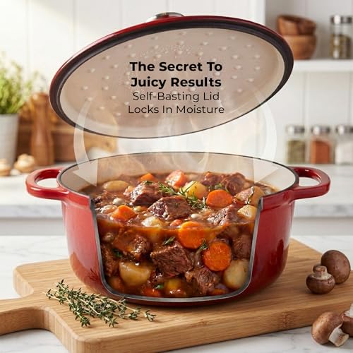Zulay Kitchen 6.4QT Enameled Cast Iron Dutch Oven Pot with Lid, Heavy-Duty Soup Pot for Stews, Braising, Roasting & Sourdough Bread Baking, Oven Safe up to 500°F - Ablaze Red