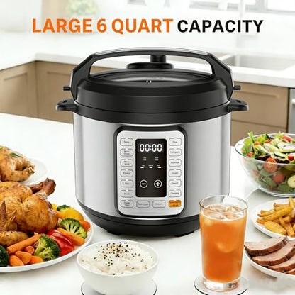 Simple Deluxe 6QT Electric Pressure Cooker, 16-in-1 & Non-Stick Stainless Steel Multi Cooker with 12 Presets for Slow Cook, Meat Stew, Steam, Sauté, Canning, Yogurt Maker, Dishwasher Safe, Silver