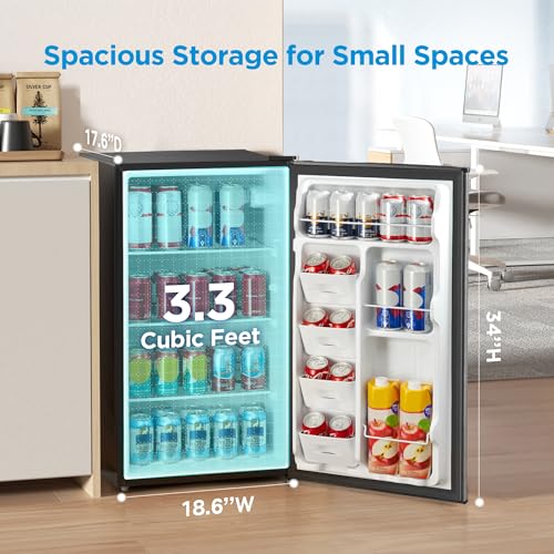 Midea MERM33S1AST Mini Fridge, 3.3 Cu.ft Compact Fridge with Internal Light, Adjustable Thermostat, Reversible Door, Low Noise for Dorm, Office, Bedroom, Stainless Steel