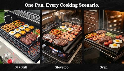 Updated 25" x 16" Cast Iron Griddle for Gas Grill, Nonstick Nanoceramic Stove Top Griddle for Gas Stove, Pre-Seasoned Flat Top Plate Insert for Outdoor Gas Grill, Camping, Tailgating, Parties