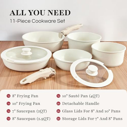 GOURMETIFIC® Pots and Pans Cookware Set [11 PIECES] - Non Toxic Ceramic Coated Cooking Ware - Induction, Gas & Oven Kitchenware - Non Stick Pot & Pan with Removable Handles & Stackable (Black)