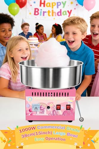Commercial Cotton Candy Machine 1000W, 3-4 Per Minute, 38cm Stainless Steel Bowl, Easy Double Switch, Sugar Scoop, for Carnival Party Commercial Events (US Plug)