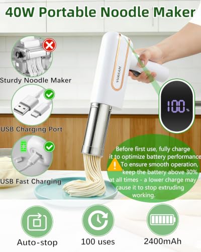 Electric Pasta Maker Machine, Potato Ricer 5-in-1 Automatic Noodle Maker Machine with Powerful Motor, Cordless Handheld Noodle Machine for Kitchen Home Restaurant (White)