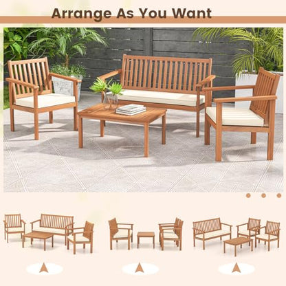 Tangkula 4 Piece Patio Wood Furniture Set, Acacia Wood Sofa Set w/Loveseat, 2 Chairs & Coffee Table, Soft Seat Cushions, Outdoor Wood Furniture Set for Porch, Yard, Balcony (Off White), OneSize