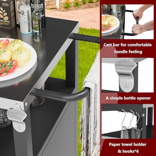 Vongrasig Grill Cart with Storage, Outdoor Bar Cart Rolling BBQ Movable Pizza Oven Table Stand with Foldable Stainless Steel Top & Storage Cabinet, Black