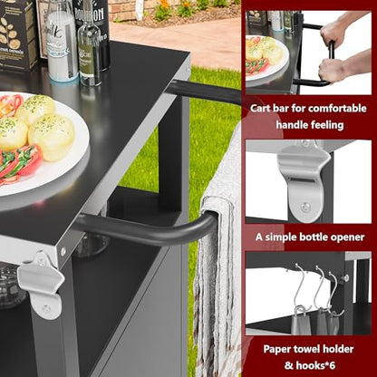 Vongrasig Grill Cart with Storage, Outdoor Bar Cart Rolling BBQ Movable Pizza Oven Table Stand with Foldable Stainless Steel Top & Storage Cabinet, Black