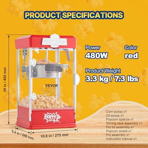 VEVOR Popcorn Maker, 480W Popcorn Popper Machine, 4 Oz Kettle Makes 1.5 Gallon per Batch, Tabletop Popcorn Maker, Includes 3 Scoops, Movie Theater Style, Red