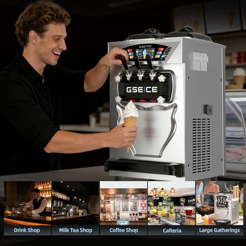 Commercial Soft Serve Ice Cream Machine 3 Flavor, Countertop Soft Serve Machine 22–28 L/hr, 2×6L Hoppers, 110V 1600W, Frozen Yogurt Machine with Pre-Cool, Night Mode, Low Mix Alert, One-Touch Clean