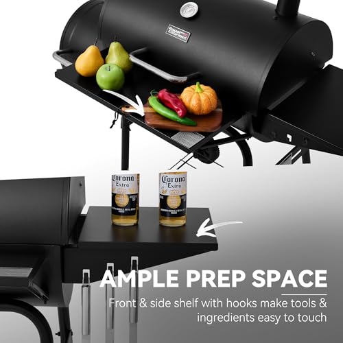 Grills House Barrel Charcoal Grill with Offset Smoker, Side Shelf with Hooks, Mesh Bottom Shelf, Blow-Molded Wheels, Outdoor Grilling and Backyard Cooking, CC1624S, Black