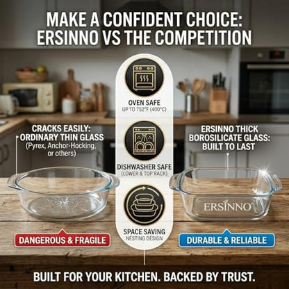 ERSINNO 3-Piece Borosilicate Glass Baking Dish Set - Nestable Square Casserole Dish for Oven, Microwave, Freezer - 752°F Heat Resistant, Clear Glass Roasting Pans for Lasagna, Leftovers, Meal Prep（1 QT,1.2 QT,2 QT)