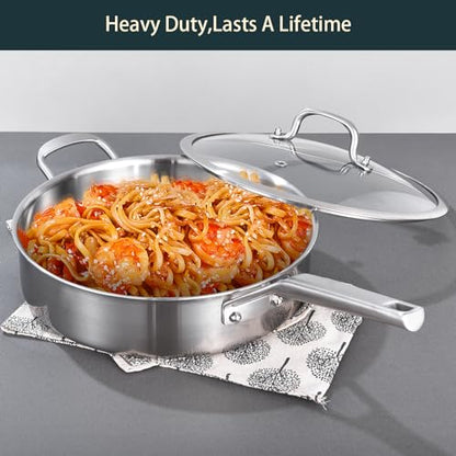 Yeksum 3-Quart Saute Pan with Lid | 10-Inch 3-Ply 18/10 Stainless Steel Deep Fry Pan & Large Skillet, Healthy Non-Toxic Cookware, Oven Safe 600°F & Dishwasher Safe