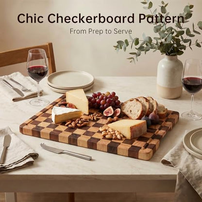THETCHRY Cutting Boards for Kitchen, Checkered Cutting Board Upgraded, Acacia Wood Chopping Board with Juice Grooves & Handles, Large Butcher Block Serving Tray with Gift Box, 17"X12"X0.8"