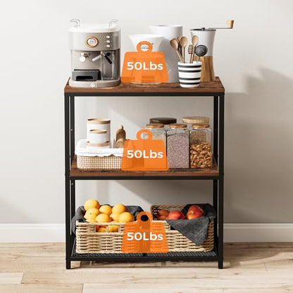 Homleke Kitchen Island with 3 Shelves, Kitchen Shelf with Large Workstation, Bakers Rack, Workbench, Metal Frame, Rustic Brown and Black
