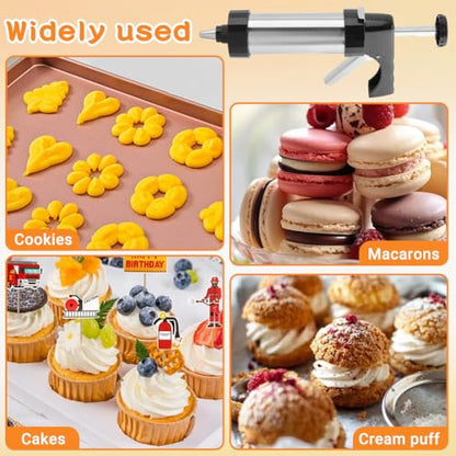 Stainless Steel Cookies Press,Stainless Steel Cookies Press,with 13 Cookie Discs and 8 Piping Tips for Baking & DIY Pastries Cake Dessert Making and Decorating(Black+Silver)