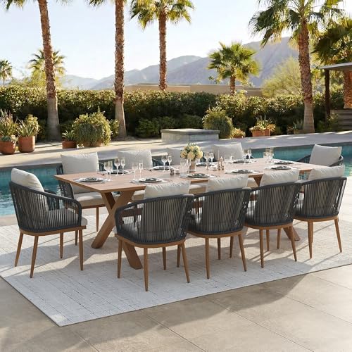 Vakollia 11-Piece Patio Dining Table Sets, Woven Wicker Dining Set with Rectangular Aluminum Table and Dining Chairs Modern Outdoor Dining Furniture Set for Outdoors and Indoors