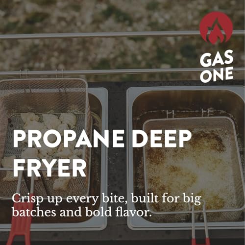 GasOne B-5850A Outdoor Propane Deep Fryer - Double Burners, 16 Qt Removable Baskets & Lids, Oil Fryer Cart with Thermometer & Regulator - Perfect for Outdoor Cooking