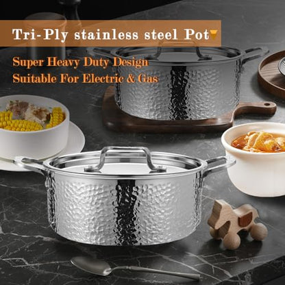 Vivicreate Tri Ply Stainless Steel Stock Pot with Lid 5 Quart Hammered Stockpot Induction Cooking Pot Soup Pot Compatible with All Stovetops (5QT)